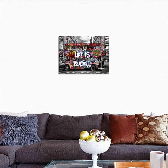 Banksy Street Art Mural Colorful Graffiti Bus Canvas Wall Art Life is Beautiful Pop Art Modern Framed Canvas Wall Art Decor for Room Living Room Bedroom Walls Easy to Hang 16x12 Inch