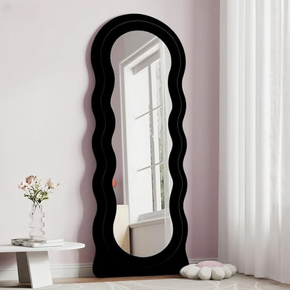 Dewfig Wavy Full Length Mirror with Stand, 63" x 24" Irregular Floor Mirror, Large Floor Length Mirror, Freestanding/Leaning/Wall Mounted, Flannel Wrapped Wooden Frame for Bedroom/Living Room, Black