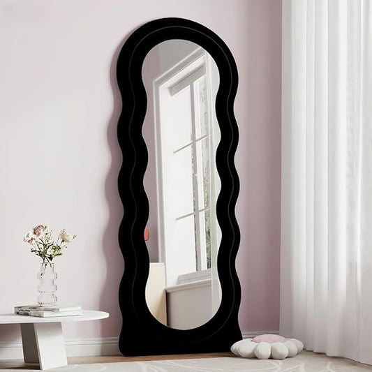 Dewfig Wavy Full Length Mirror with Stand, 63" x 24" Irregular Floor Mirror, Large Floor Length Mirror, Freestanding/Leaning/Wall Mounted, Flannel Wrapped Wooden Frame for Bedroom/Living Room, Black