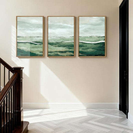 ANHUIB Green Wall Art 16x24 Inch Large Canvas Wall Art Abstract Watercolor Wall Decor Misty Landscape Art Prints Framed Neutral Paintings Set of 3 for Living Room Bedroom Ofice