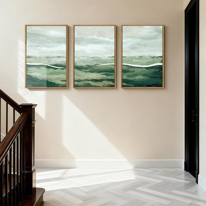 ANHUIB Large Green Wall Art 24x36 Inch Sage Green Abstract Wall Decor Watercolor Abstract Paintings Set of 3 for Living room Bedroom