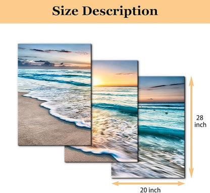 Pacimo 3 Panels Beach Canvas Wall Art for Home Decor Blue Sea Sunset White Beach Painting The Picture Print on Canvas Seascape The Pictures for Home Decor Decoration Ready to Hang - 20"x28"x3 Panels