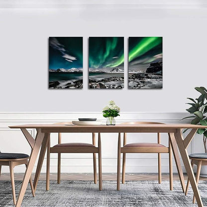 Aurora Scenery Wall Art Green Sky Painting on Canvas Wall decorations for living room Stretched and Framed Canvas Paintings 3 piece bedroom wall decor Ready to Hang for office Decor art