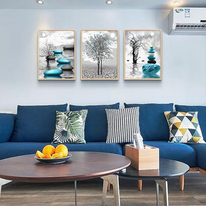 Natural Wood Framed Canvas Wall Art for Living Room Large Size Wall Decor for Bedroom Blue Abstract Wall Pictures Black and White Paintings OfficeWall Decoration Modern Home Decor Framed Art Prints