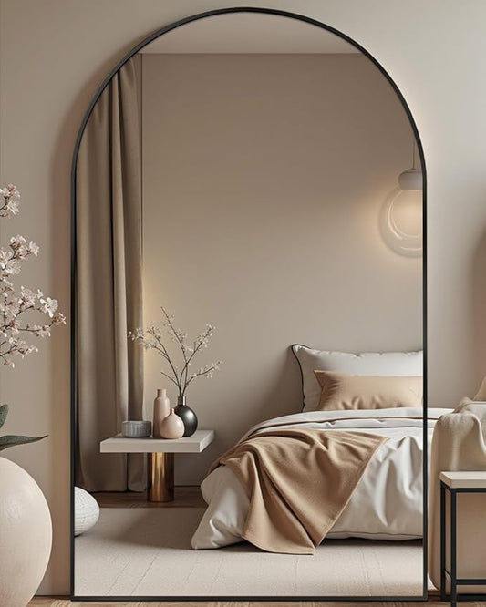 DMWOODFL 81"x41" Black Arched Full Length Mirror - Extra Large Floor/Wall Mounted, Shatterproof Glass & Aluminum Frame with Stand for Bedroom, Living Room, Entryway
