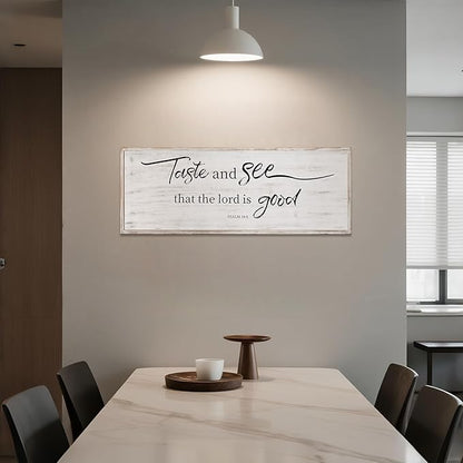 Taste And See That The Lord Is Good Bible Verses Framed Wall Sign For Family Living Room Kitchen Farmhouse Dining Room Vintage Boho Wall Art Decoration For Living Room Bedroom, 40 X 15 Inch, White