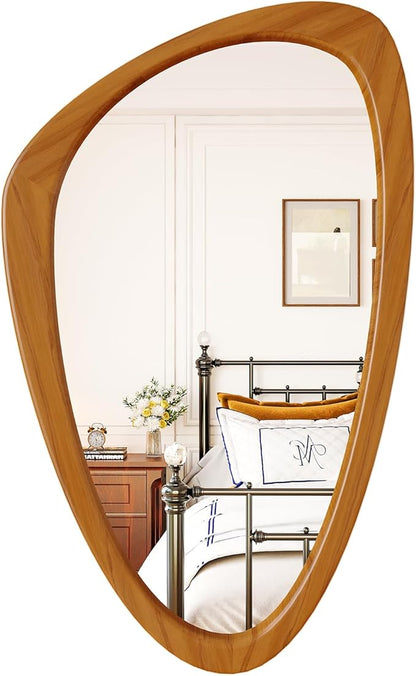 Asymmetrical Wall Mirror, 19x30 Inch Irregular Wall Mirror, Mid Century Modern Mirrors with Pine Wooden Frame for Living Room Bedroom Bathroom Entryway Hangs Horizontally or Vertically