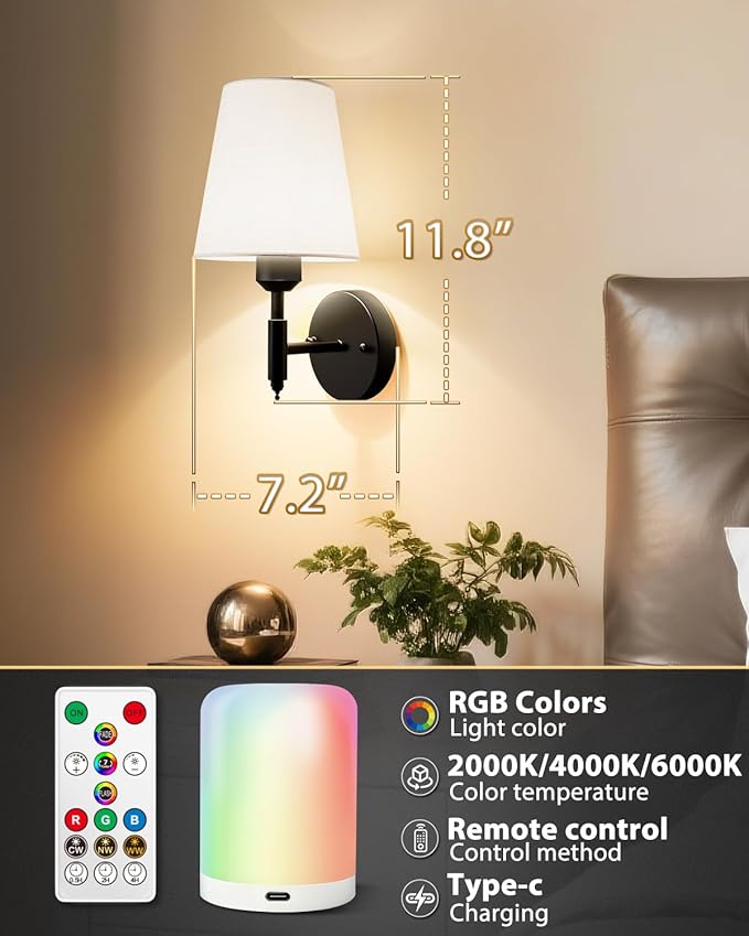 Adetu Battery Operated Wall Sconces Set of Two, Gold Rechargeable Wall Lights with 10000mAh RGB Rechargeable Magnetic Bulb, Battery Wall Sconce with Remote Control for Bedroom Decor