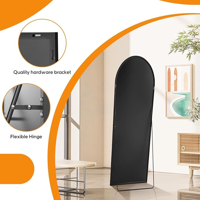 Arched Full Length Floor Mirror, 15.75"x59" Full Body Standing Mirrors with Shatter-Proof Glass, Floor or Wall Mount, Hanging or Leaning, Aluminum Alloy Frame for Home Decor, Black