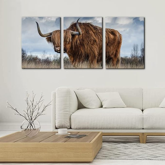 Pacimo 3 Panels Framed Canvas Prints Highland Cattle Wall Art Home Decorations for Living Room Modern Stretched and Framed Animal Pictures Photo Giclee Paintings Ready to Hang - 12" x 16" x 3