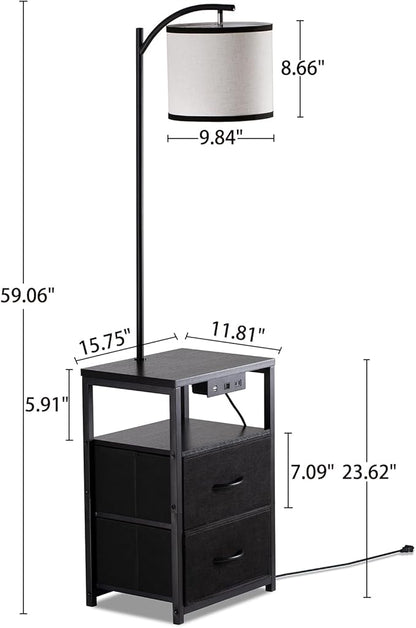 SUNMORY Floor Lamp with Table & 2 Drawers, Lamp with USB Port and Outlet, Lamps for Nightstand with 3 Color Temperature Led Bulb Included, Floor Lamps for Living Room, Bedroom and Home Office, Black