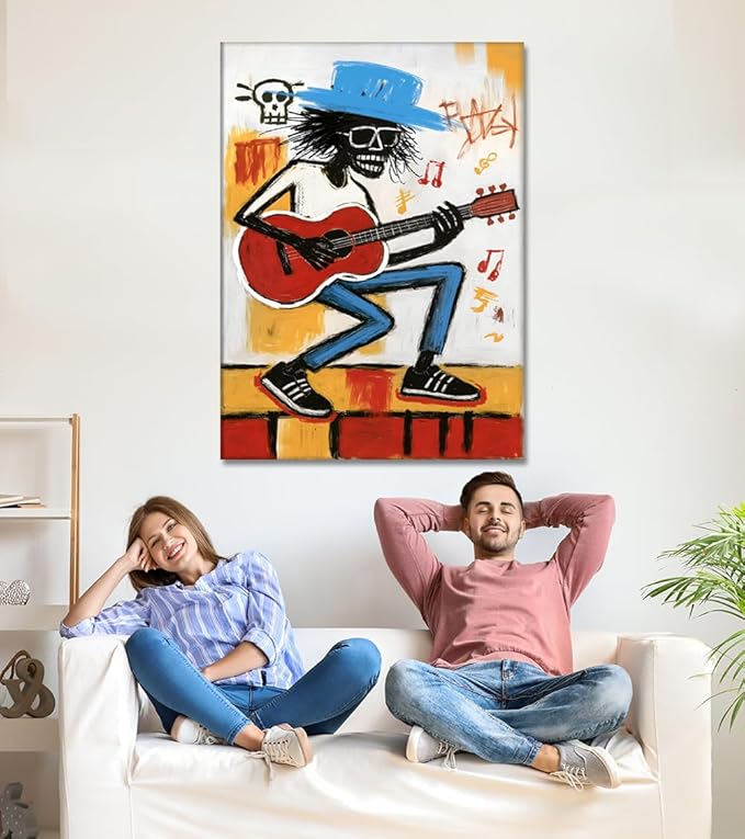 Graffiti Canvas Wall Art Black Man Play Guitar Poster Colorful Abstract Pictures Modern Painting HD Print Framed Artwork for Living Room Bedroom Decoration Ready to Hang 24x36inch