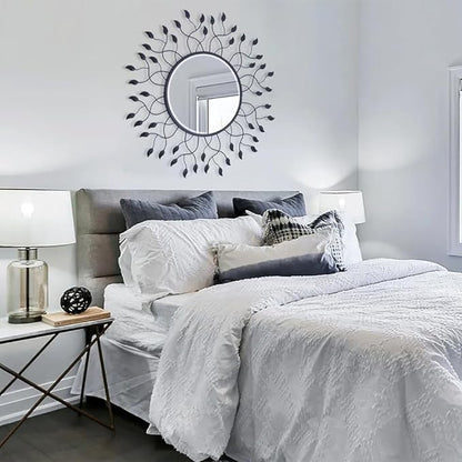Chende 32" Wall Decorative Mirror with Metal Leaves, Black Living Room Mirror with Beveled Edge, Glam Mirror for Bedroom, Foyer, Entrance