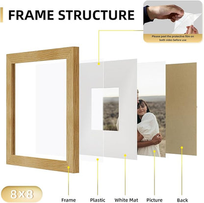 YESKAY 8x8 Picture Frame Set of 9, Photo Gallery Wall Frame Set, Display Pictures 4x4 with Mat or 8 x 8 Without Mat, Square Frame Picture Frames Collage Wall Decor, Natural Oak