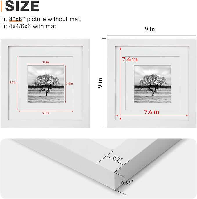 Egofine 8x8 Picture Frames 4 PCS - Made of Solid Wood Covered by Plexiglass for Table Top Display and Wall Mounting Photo Frame for Pictures 4x4/6x6 with Mat White