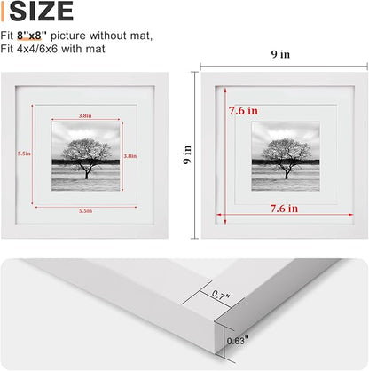 Egofine 8x8 Picture Frames 4 PCS - Made of Solid Wood Covered by Plexiglass for Table Top Display and Wall Mounting Photo Frame for Pictures 4x4/6x6 with Mat White