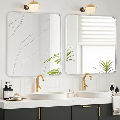 Fabuday Silver Sink Mirror for Bathroom - 28x28 Inch Square Framed Mirrors for Over Sink, Chrome Mirrors with Brushed Frame for Bedroom, Restroom, Farmhouse, Entryway Decor