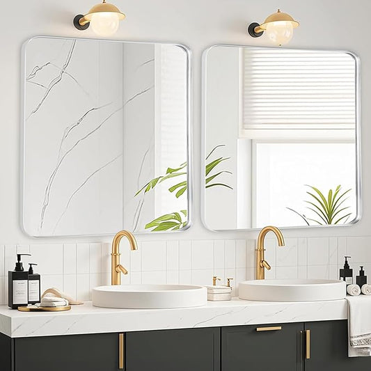Fabuday Silver Sink Mirror for Bathroom - 28x28 Inch Square Framed Mirrors for Over Sink, Chrome Mirrors with Brushed Frame for Bedroom, Restroom, Farmhouse, Entryway Decor