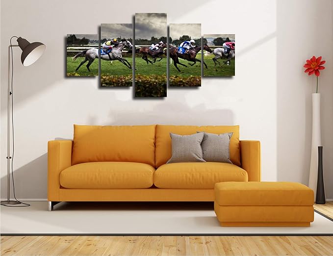 Artbrush Tower Horse Racing Wall Art Modern Pictures for Living Room Artwork Painting Dining Room Decor 5 Panel Canvas Prints Racehorse Poster Bedroom Decoration Framed Ready to Hang(60''Wx32''H)