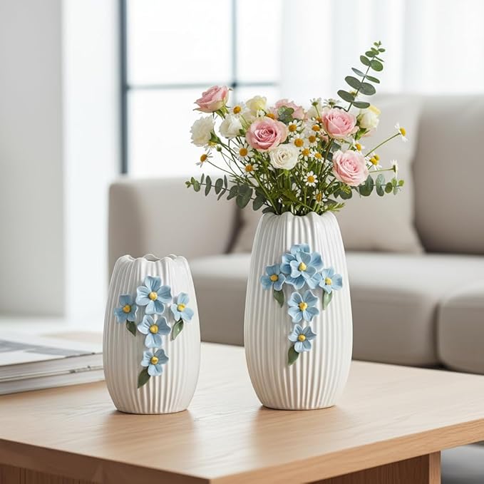 Modern Ceramic Vase - White Boho Textured Vase for Flower, 3D Sculpted Floral Centerpiece Vase for Living Room, Shelf, Table, Wedding, Fireplace, Mantel Decor