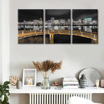 TUMOVO Ortland Oregon Downtown City Skyline Wall Art for Living Room 3 Piece Pedestrian Bridge Along Willamette River at Night Wall Decor Living Room Framed Ready to Hang (36" Wx16 H)