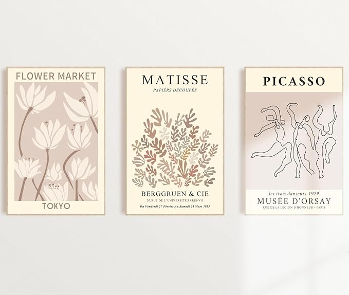 MINI ZOZI Matisse Wall Art Flower Market Prints 16X24 3PCS Picasso Wall Decor Large Canvas Beige Posters Trendy Funky Aesthetic Abstract Line Minimalist Poster Danish Pastel Painting Bedroom Printing