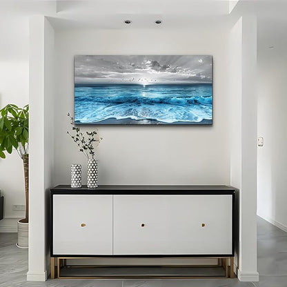 ERQINHUA Wall Decor For Living Room Canvas Wall Art For Bedroom Office Decorations Blue Sea Wave Ocean Paintings Beach Wall Pictures Canvas Artworks Modern Home Decor Mural Ready To Hang 20"X40"