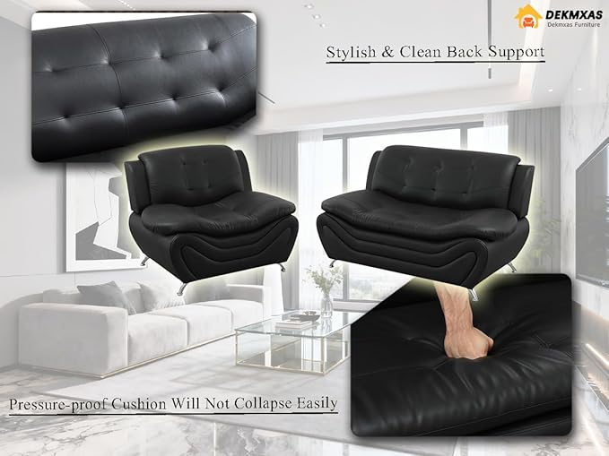 Living Room Furniture Sets, Faux Leather Sofa Set, Sofa Couch Black Loveseat and Chair for Bedroom, Apartment, for Living Room