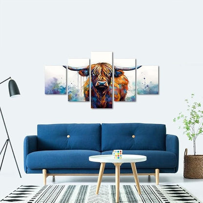 Highland Cow Abstract Canvas Wall Art 5 Panels Farmhouse Posters Graffiti Home Decor Artwork Wild Animal Prints Living Room Framed 60'' x 32''