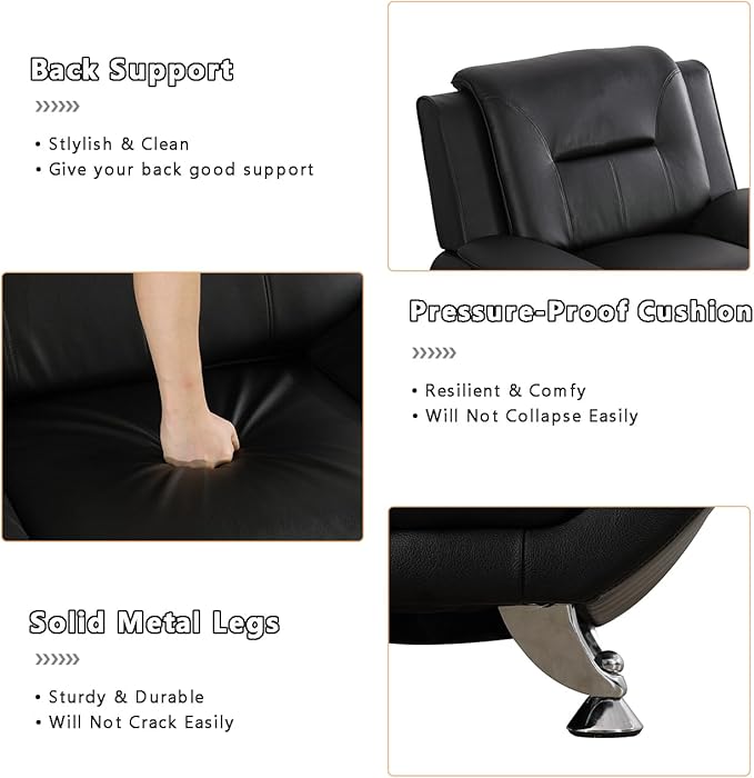 Leather Sofa Set (3-Piece, B-Leather Black) - Living Room Furniture for Apartment, Minimalist Style Material, Easy Assembly