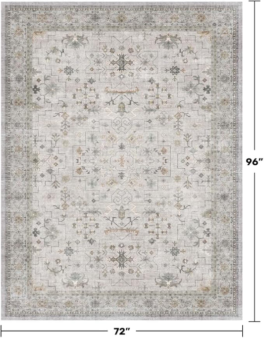 Hazo Haus Boho Light Grey Living Room Rug 6x8 - Modern Vintage Eclectic Floral Paste Neutral Taupe, Washable Low Pile Non-Slip Large Area Rugs for Dining Under Table, Bedroom