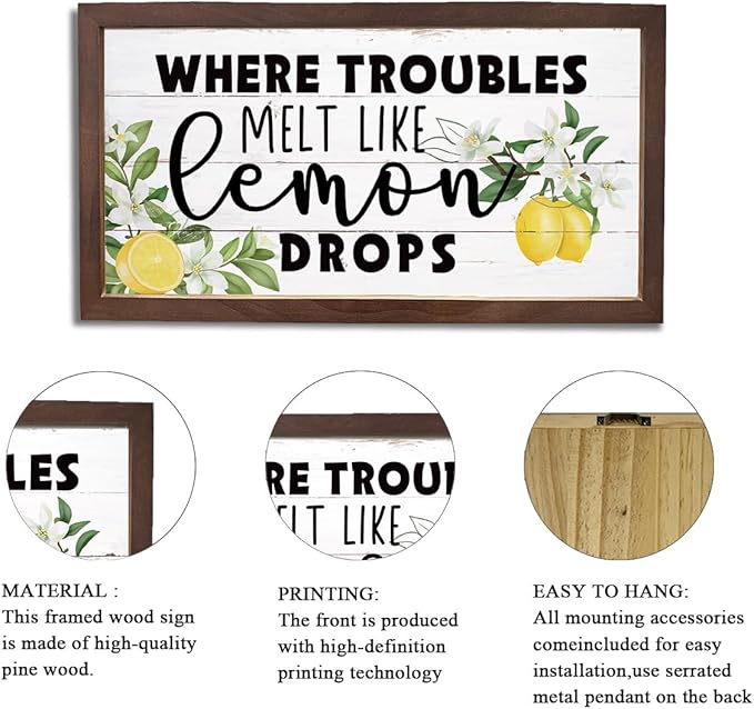 Lemon Decor Sign, Summer Home Decors, Kitchen Wall Art, Decorative Wooden Wall Plaque, Rustic Framed Wood Hanging Signs, Where Troubles Melt Like Lemon Drops Sign 15×7.5×0.3 inches