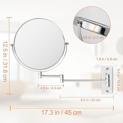8” Wall Mounted Makeup Mirror - 1X/10X Double Sided Magnifying Bathroom Mirror, 360° Swivel Extendable Vanity Shaving Mirror with Adjustable Arm for Bathroom, Chrome（No Light）