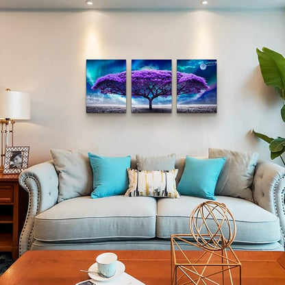 Lapremoly Canvas Wall Art For Living Room Boho Decor Bedroom Farmhouse Pictures Aurora Purple Tree Scenery Paintings Office Prints Modern Dormitory Home Decorations 16'' X 24'' 3 Piece
