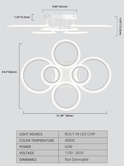 Modern LED Flush Mount Ceiling Light, 6 Rings White Close to Ceiling Light Fixtures, Living Room Lighting Fixture Ceiling Lamp for Kitchen, Bedroom, Laundry Room, 4000K Not Dimmable