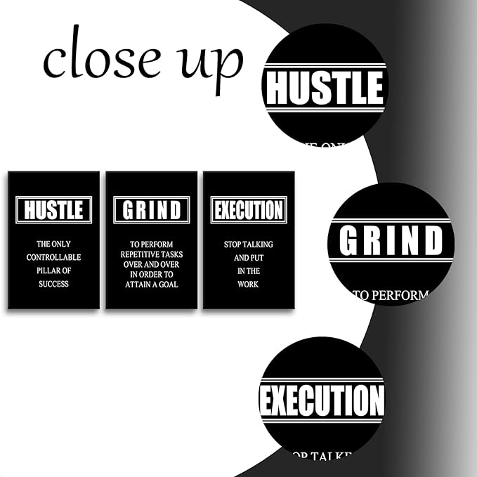 Motivational Wall Art Hustle Grind Execution Poster 3 Pieces Canvas Print Inspirational Quotes Decor Painting Framed for Office Home Living Room Decoration Ready to Hang [48''W x 24''H]