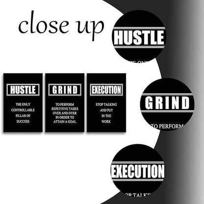 Motivational Wall Art Hustle Grind Execution Poster 3 Pieces Canvas Print Inspirational Quotes Decor Painting Framed for Office Home Living Room Decoration Ready to Hang [48''W x 24''H]