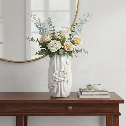White Ceramic Vase - 9 Inch 3D Modern Vase for Centerpieces, Minimalist Decorative Vases Home Decor, Bathroom, Shelf, Kitchen, Living Room, Table Decor