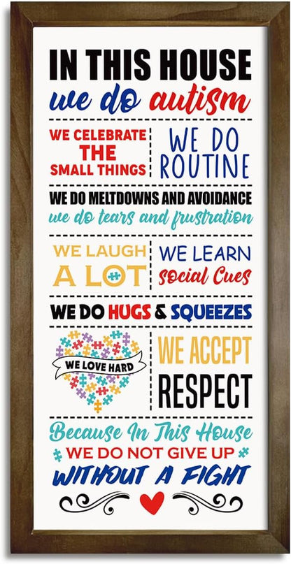 Rustic Autism Awareness Sign, Autism's Room Wall Decor, Autism's Family Home Decor, Wooden Framed Wall Decors, Classroom Decoration, In This House We Do Autism Sign, 15×7.5×0.3 inches