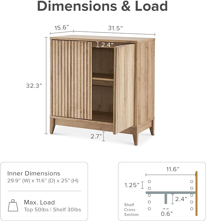 mopio Brooklyn Fluted Storage Cabinet, Modular Accent Buffet Sideboard with Adjustable Shelf, FSC Certified 50lb Load Modern Farmhouse Wood Credenza for Dining, Living Room, Entryway (Oak, Single)