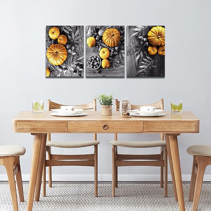 DZRWUBHS Black And White Pumpkin Wall Paintings Canvas Wall Art For Kitchen Wall Decor For Dining Room Living Room Wall Decorations For Restaurant Prints Pictures Artwork Home Decor 3 Piece Set