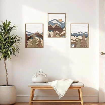 BINCUE Framed Mountain Wall Art Boho Landscape Wall Decor Mountain Artwork for Office Living Room Bedroom 12" Lx16 W Set of 3
