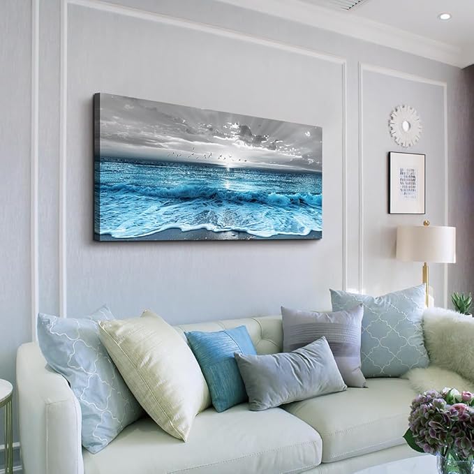 ERQINHUA Wall Decor For Living Room Canvas Wall Art For Bedroom Office Decorations Blue Sea Wave Ocean Paintings Beach Wall Pictures Canvas Artworks Modern Home Decor Mural Ready To Hang 20"X40"