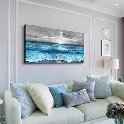 ERQINHUA Wall Decor For Living Room Canvas Wall Art For Bedroom Office Decorations Blue Sea Wave Ocean Paintings Beach Wall Pictures Canvas Artworks Modern Home Decor Mural Ready To Hang 20"X40"