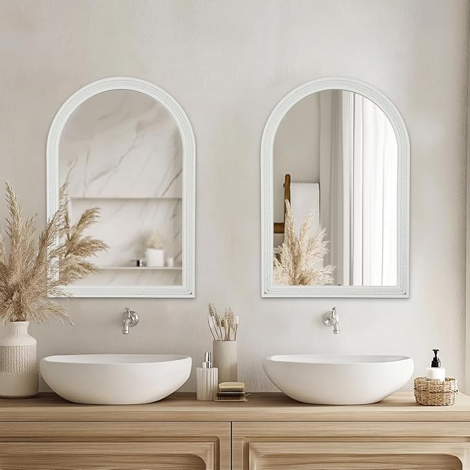 Arched Vanity Mirror for Wall, 30"x20" Nautical Theme Boho Rustic Farmhouse Mirror with Wooden Frame, Decorative Rope Mirror for Bathroom, Living Room, Entryway, or Bedroom