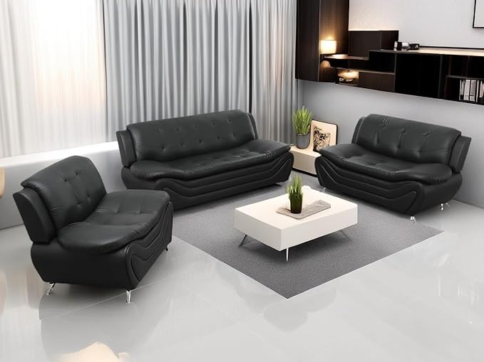 Leather Couches for Living Room, Living Room Couch Set, Sofa for Bedroom, Apartment, Living Room Furniture Sets (a-Leather Black, Sofa+Loveseat+Chair)