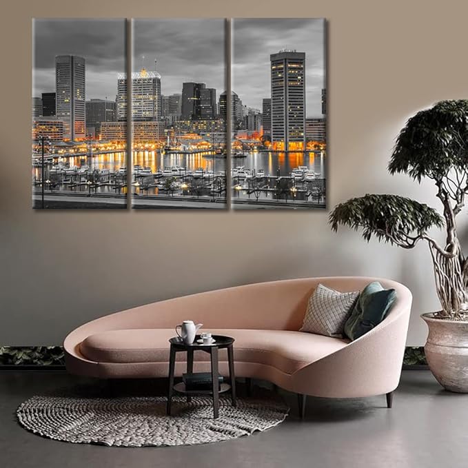 TUMOVO 3 Pieces American Cityscape Canvas Paintings Home Decor Baltimore Skyline Wall Art for Living Room City Skyscrapers Artwork Modern Home Decor Framed Ready to Hang (42" Wx28 H)