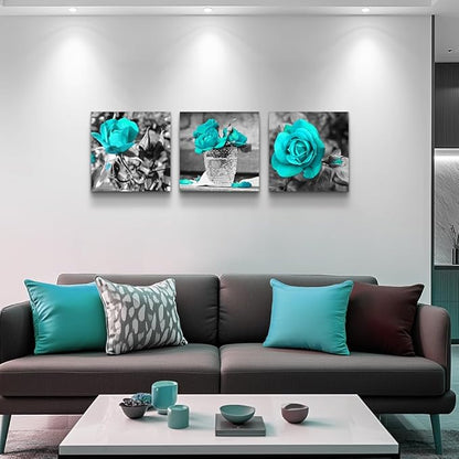 Canvas Wall Art For Bedroom Wall Decor For Living Room Black And White Wall Paintings Blue Rose Flowers Pictures Watercolor Giclee Canvas Prints Ready To Hang Room For Girls Home Decoration 3 Piece