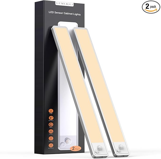 Under Cabinet Lighting Wireless LED Motion Sensor Magnetic Light 2500maAh Rechargeable Indoor Closet Lights for Kitchen, Stairs (2, Warm White, 14 Inch)