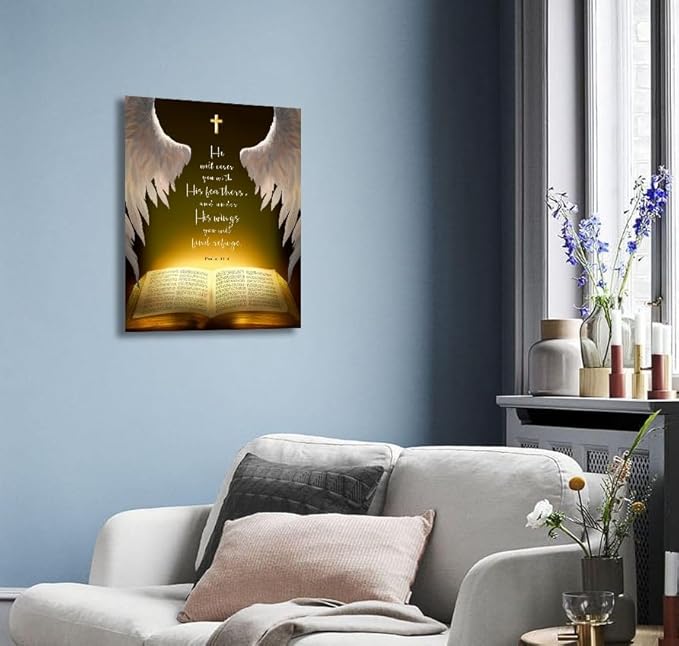 Psalms 91:4 Wall Art Canvas Prints， He Will Cover You With His Feathers，Bible Verse with Christian Sayings Decor, suitable for offices,Church, Home Wall Decor ，Tabletop/Hanging(29x38cm) framed